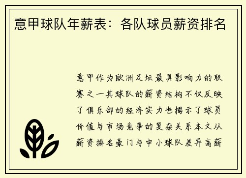 意甲球队年薪表：各队球员薪资排名